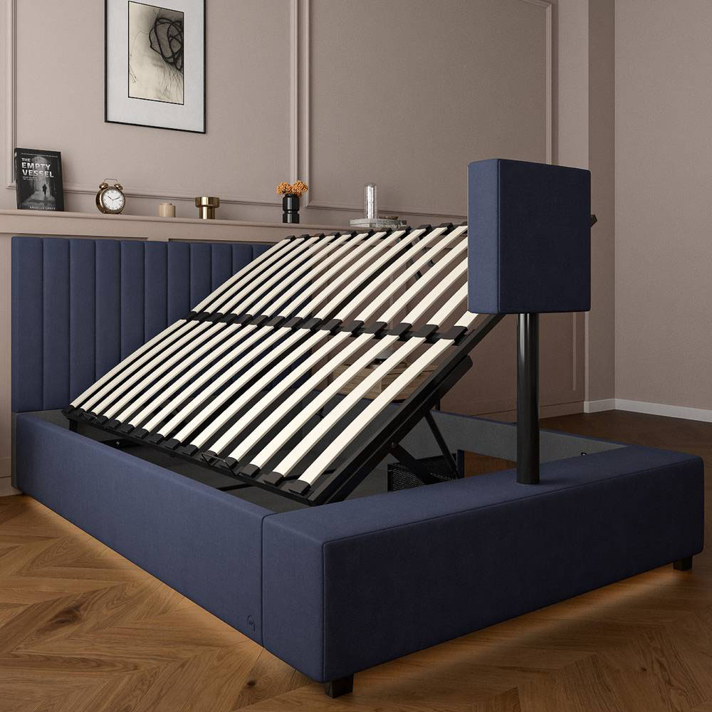 XR Living Maisie Double Navy Blue Velvet Ottoman TV Bed with LED Under Frame Image 4