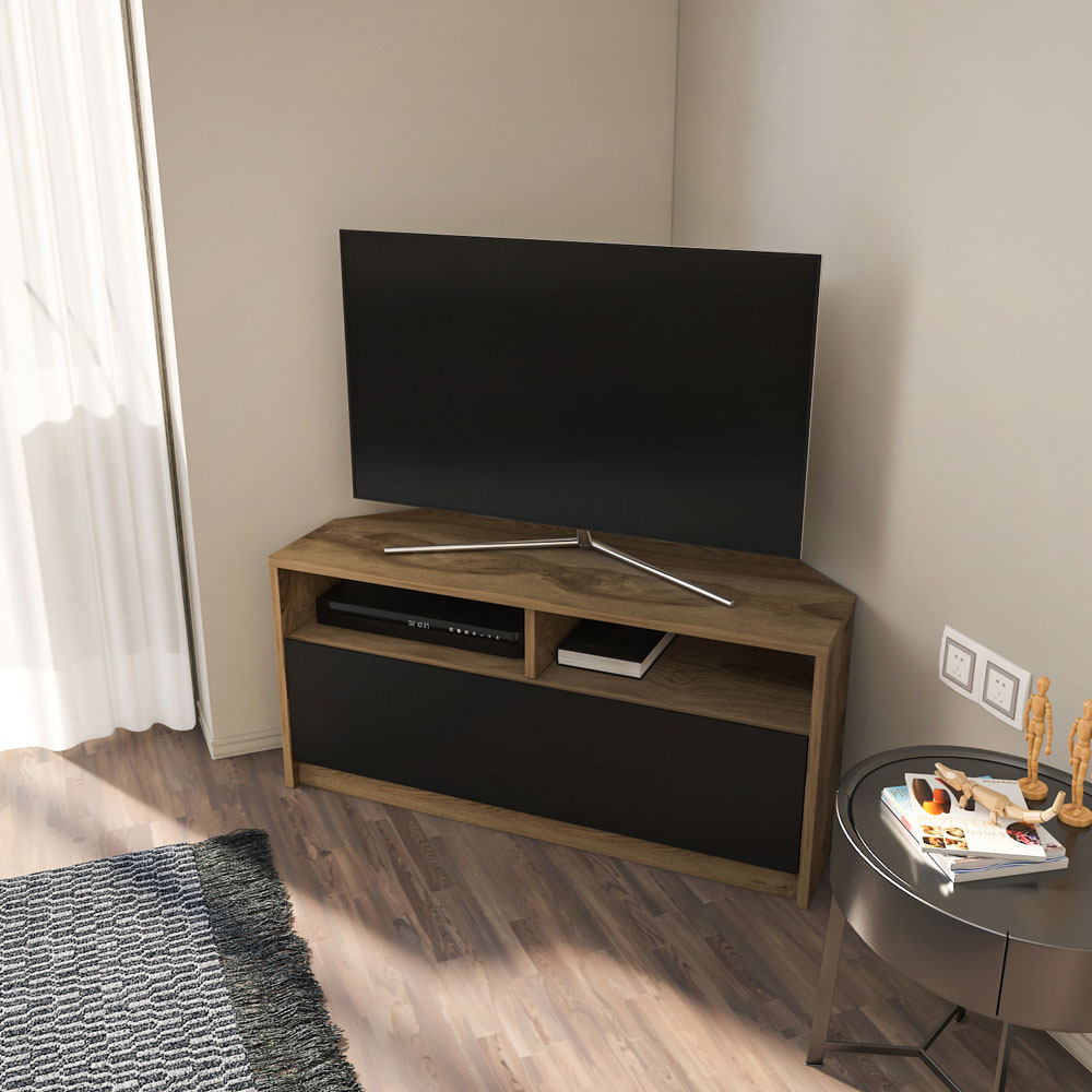 Decorotika Comero Single Door 2 Shelf Oud and Black Corner TV Unit Image 6