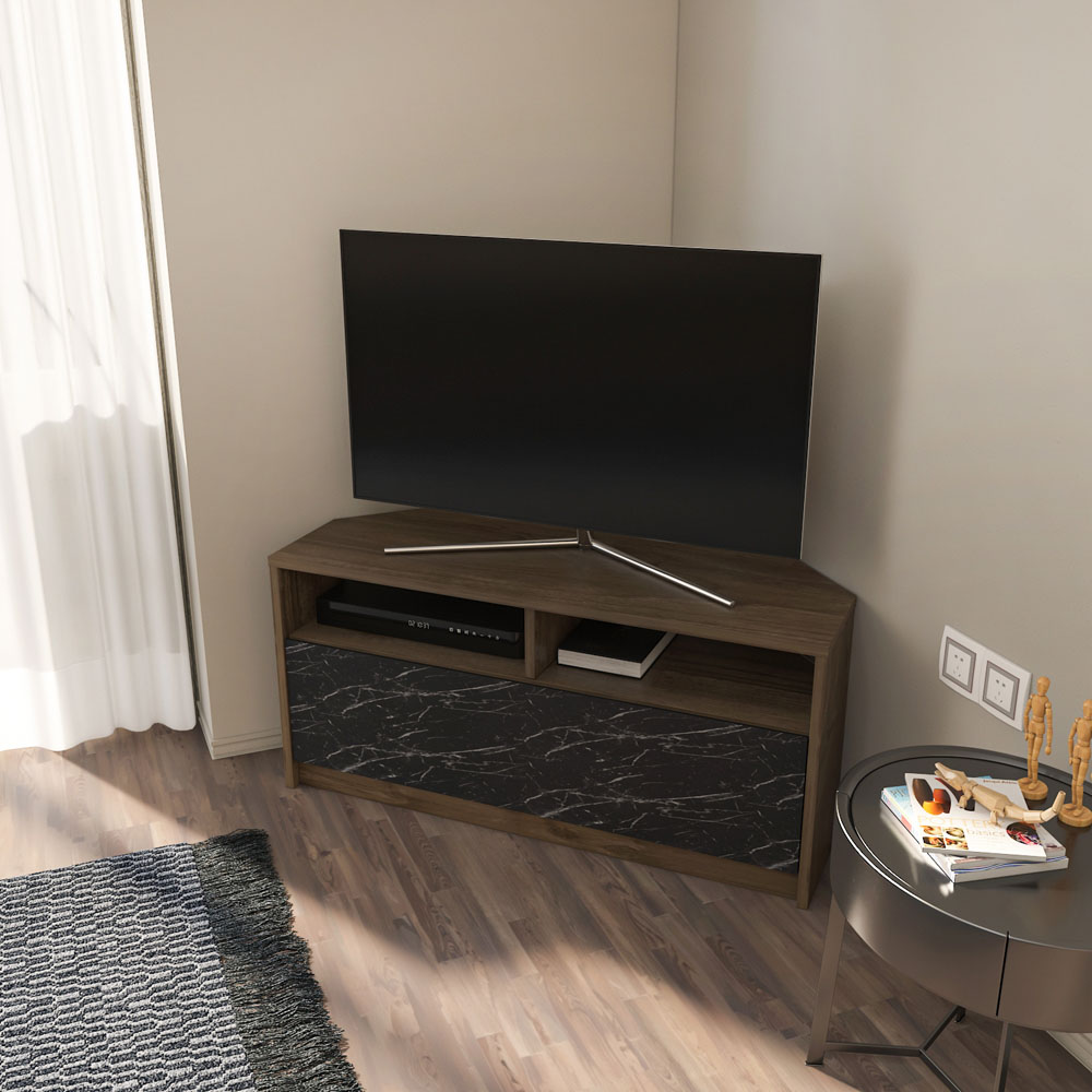 Decorotika Comero 2 Shelf 2 Door White and Black Marble Effect Corner TV Unit Image 6