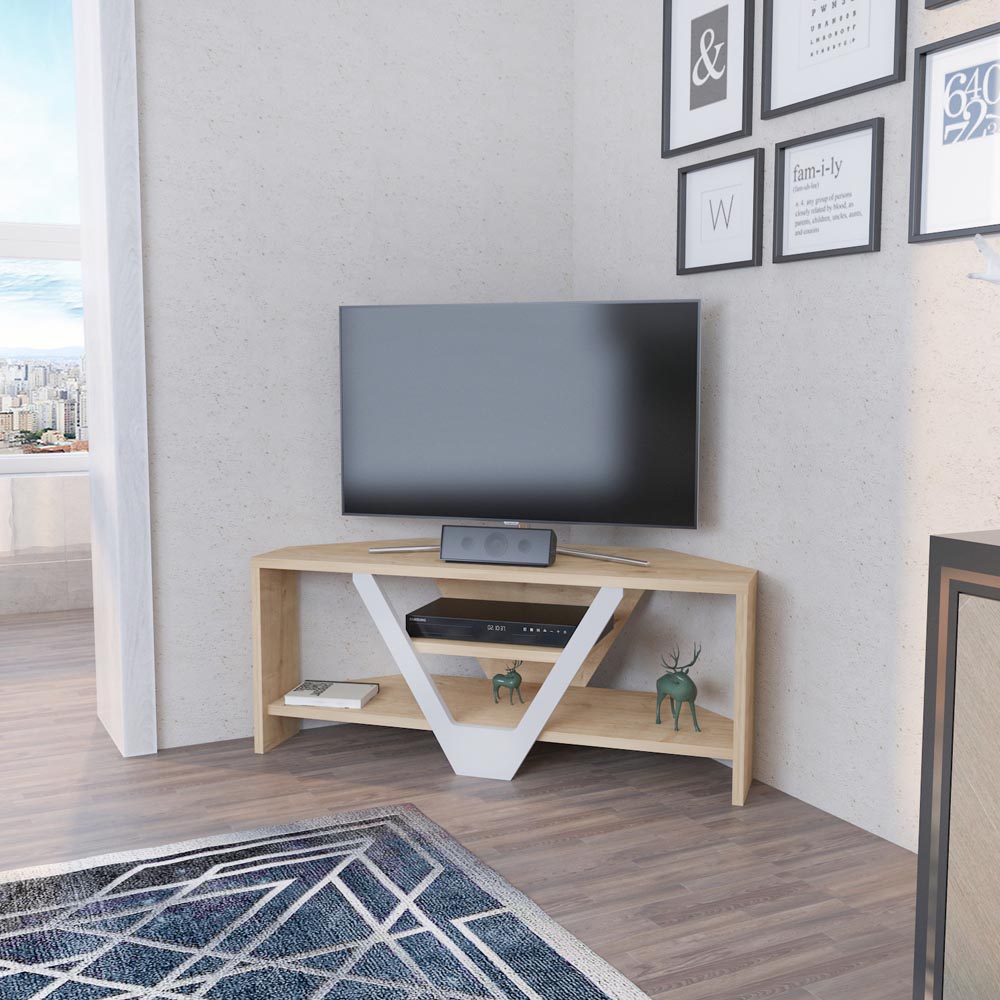 Decorotika Karin 2 Sheld Oak and White Modern Corner TV Unit Image 3