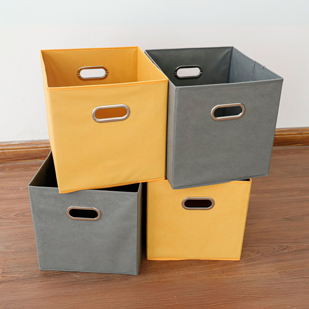 Home Source Grey and Yellow Fabric Large Storage Box 4 Pack Image 2