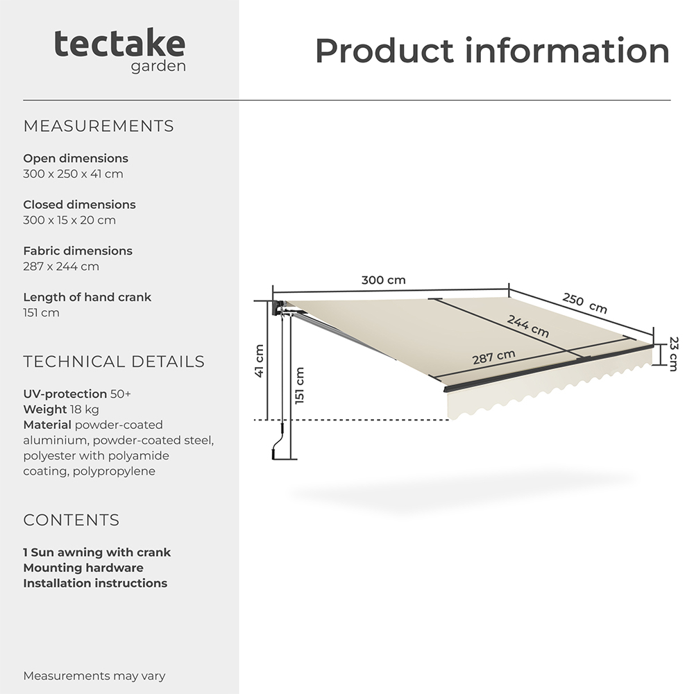 tectake Ornella Beige Retractable Awning 3 x 2.5m Image 8