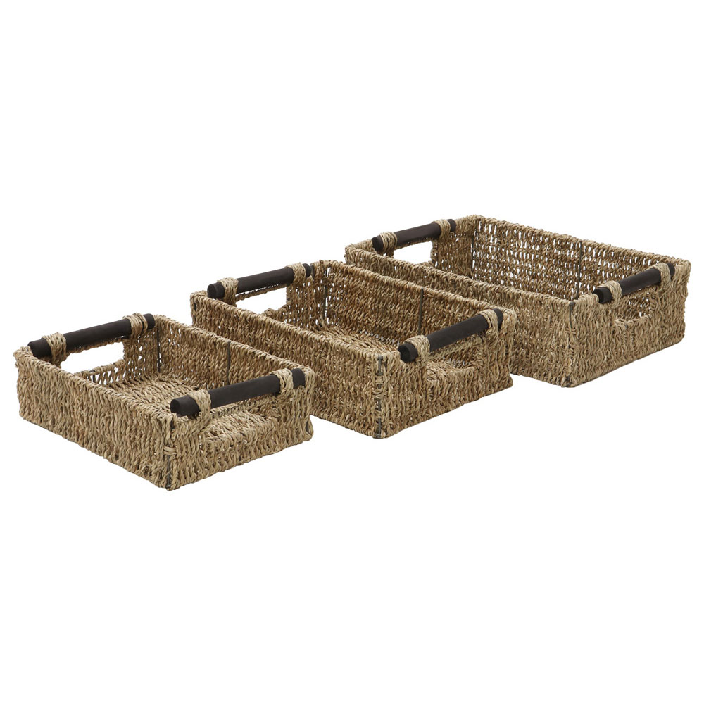 JVL Seagrass Rectangular Storage Baskets with Wooden Handles 3 Pack Image 3