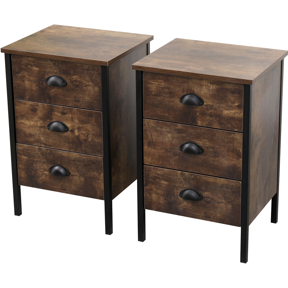 FurnitureHMD 3 Drawer Brown and Black Industrial Wooden Nightstand Set of 2 Image 2