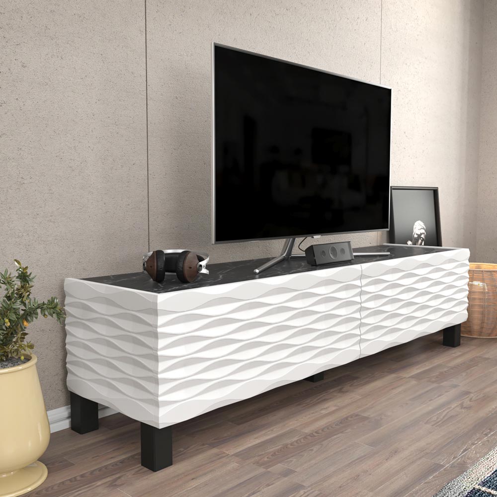 Decorotika Lerze 2 Door Black Marble and White TV Unit Image 3
