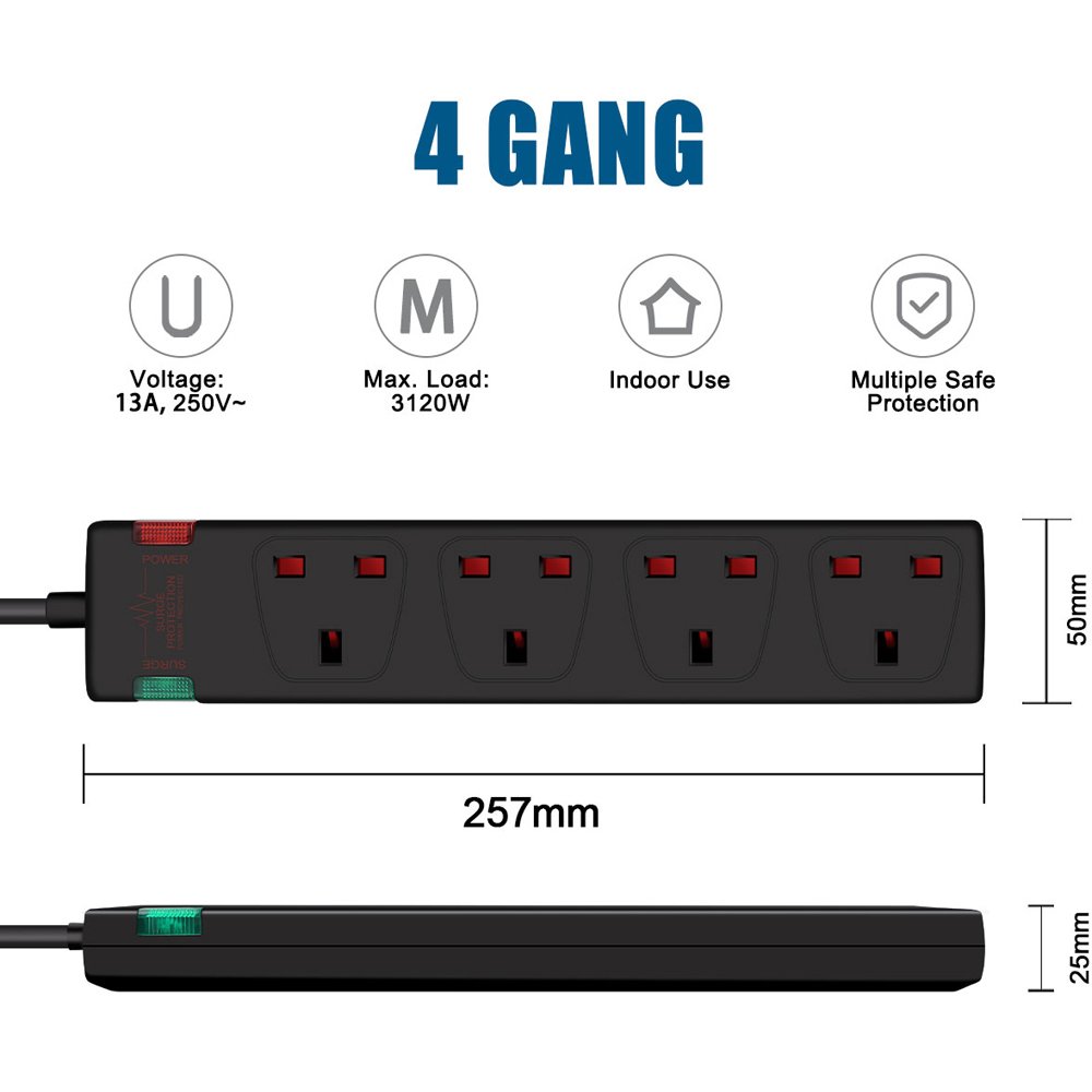 ExtraStar Black 13A 1m 4 Socket Surge Protected Extension Lead Image 6