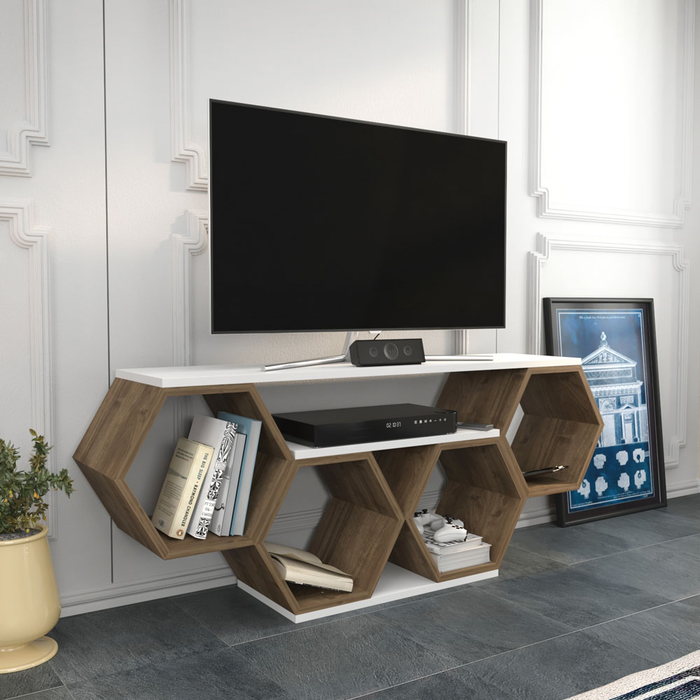 Decorotika Honey White and Walnut Wide Hexagonal TV Unit Image 7