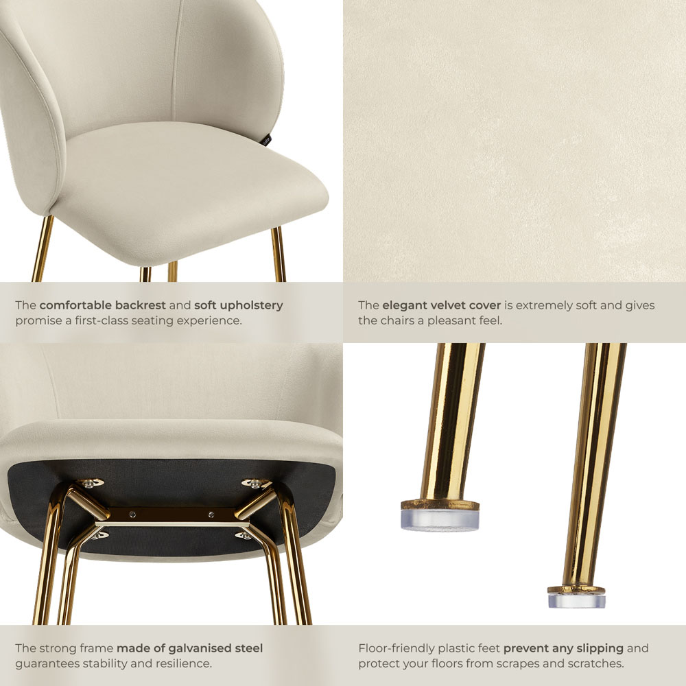tectake Luana Cream and Gold Velvet Look Padded Bar Stool Set of 2 Image 6