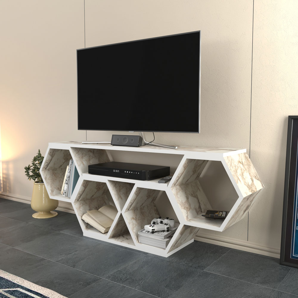 Decorotika Honey White Marble Effect Wide Hexagonal TV Unit Image 3