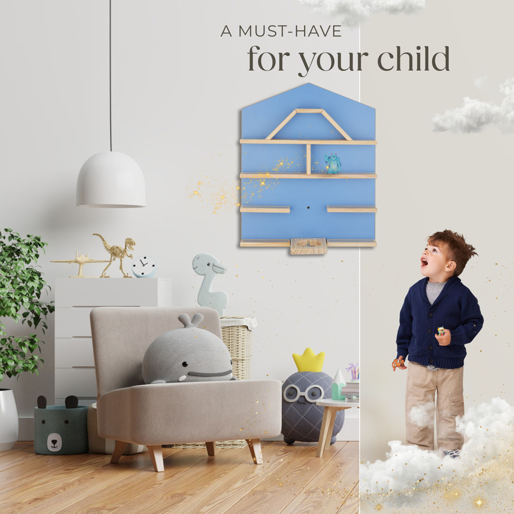 tectake Mylittle Story Blue House Design Wall Mounted Floating Shelf Image 8
