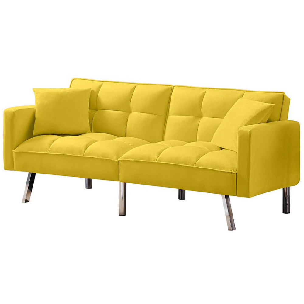 Portland 2 Seater Yellow Velvet Sofa Bed with Pillows Image 2