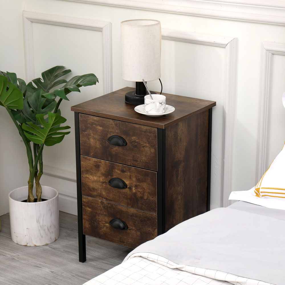 FurnitureHMD 3 Drawer Brown and Black Industrial Wooden Nightstand Set of 2 Image 5