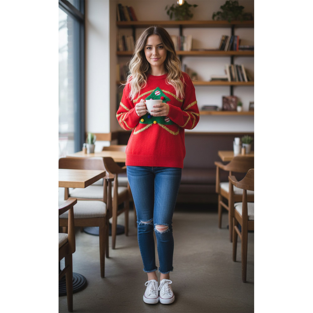 Noel Square Tree Crew Neck Xmas Jumper XL Red Image 2