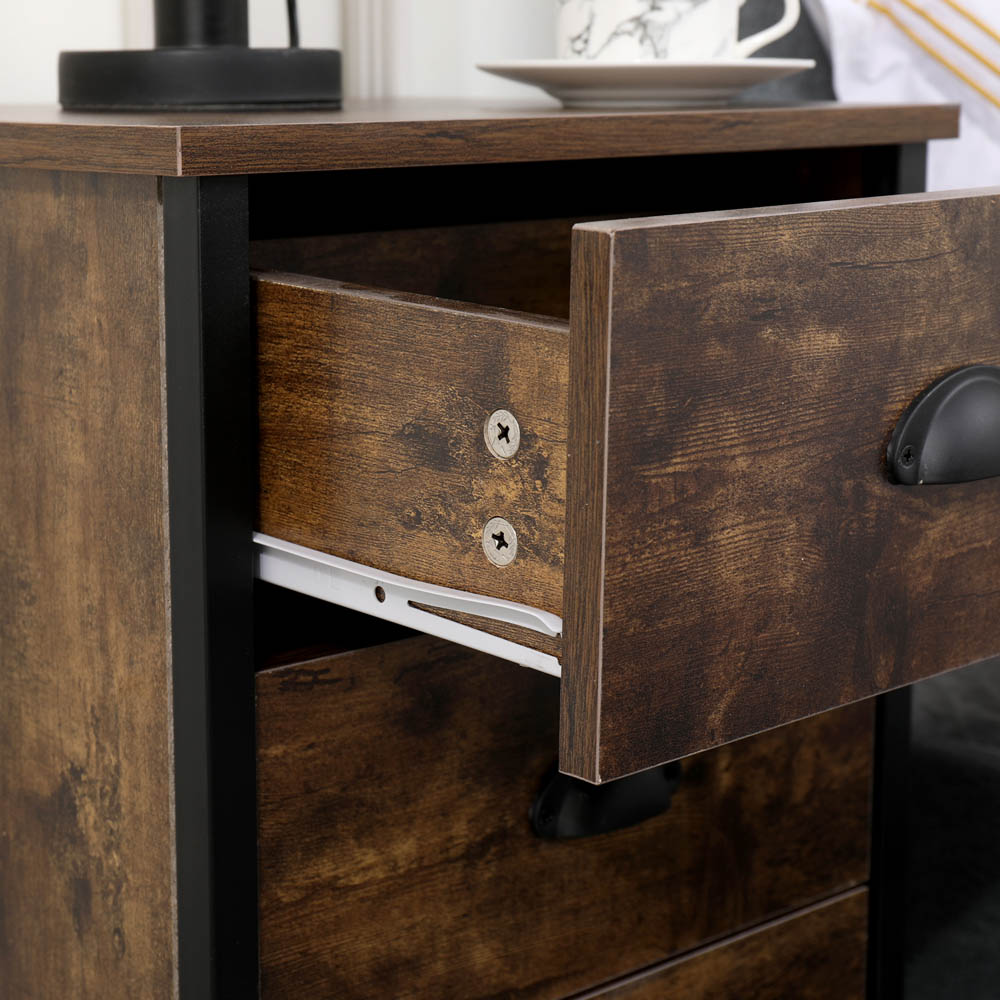 FurnitureHMD 3 Drawer Brown and Black Industrial Wooden Nightstand Set of 2 Image 4
