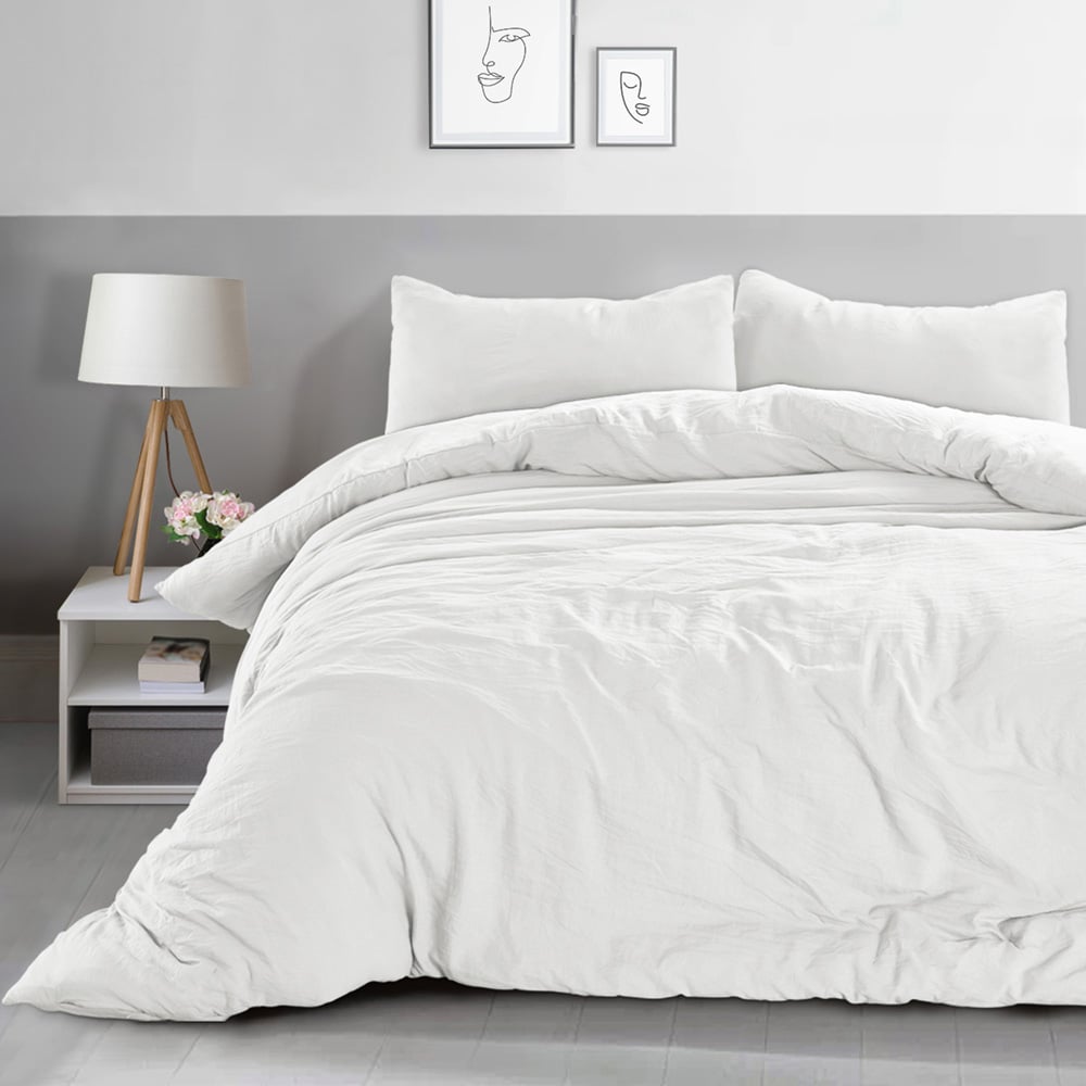Velosso Washed Linen Look Double White Duvet Set Image 1