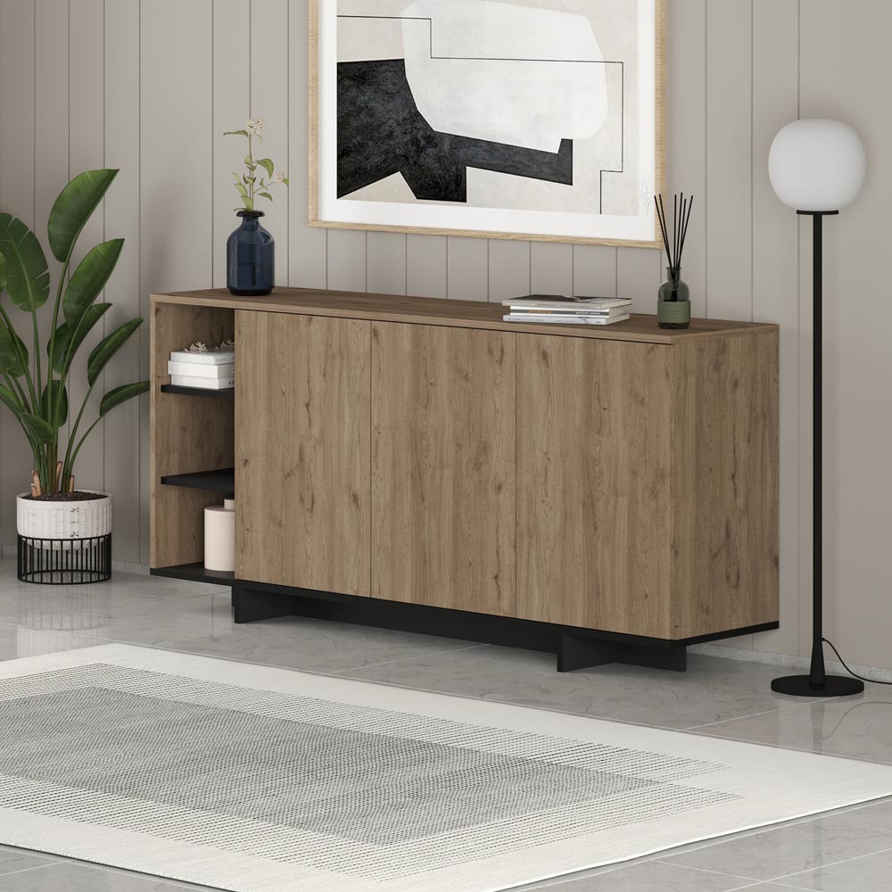 Decortie Stockton 3 Door Oak Effect and Black Sideboard Image 5
