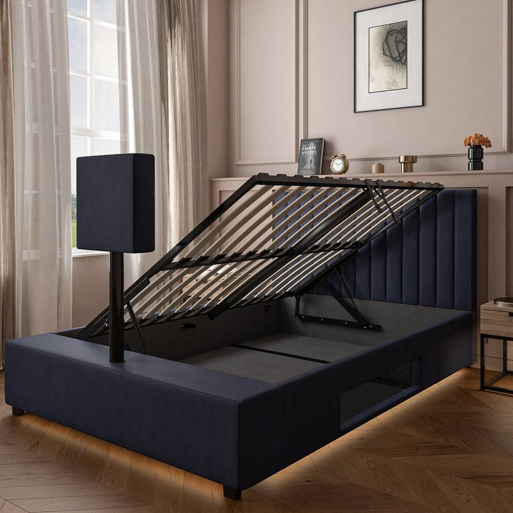 XR Living Maisie King Navy Blue Velvet Ottoman TV Bed with LED Under Frame Image 4