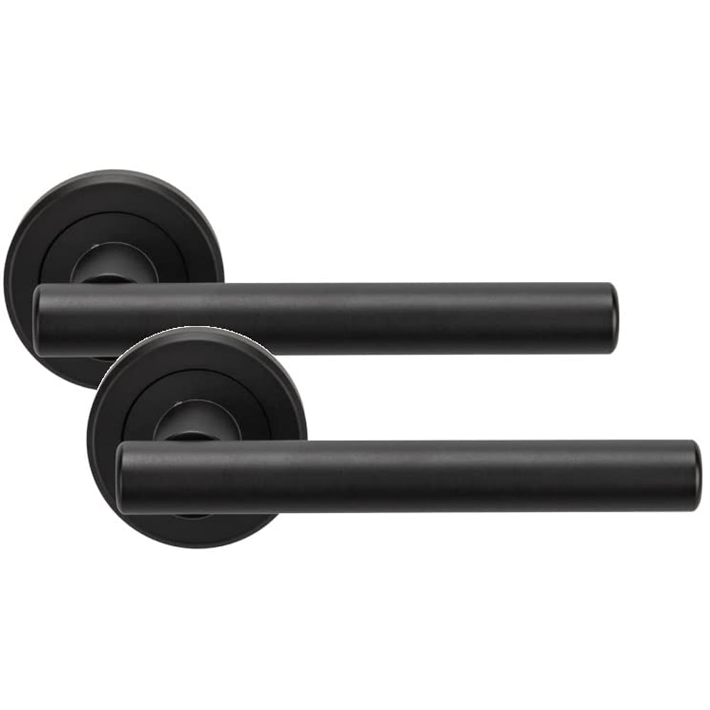Golden Grace Round Rose Matt Black Finish Straight T-Bar Bathroom Door Handle Set 4 Pack Image 2