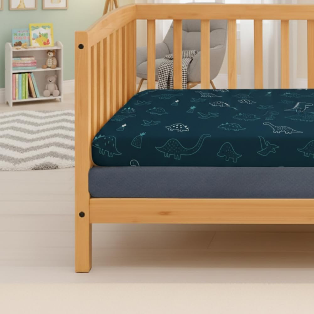 MHG Living Denim Blue and Dino Jersey Cotton Fitted Cot Bed Sheet 120 x 60cm 2 Pack Image 2
