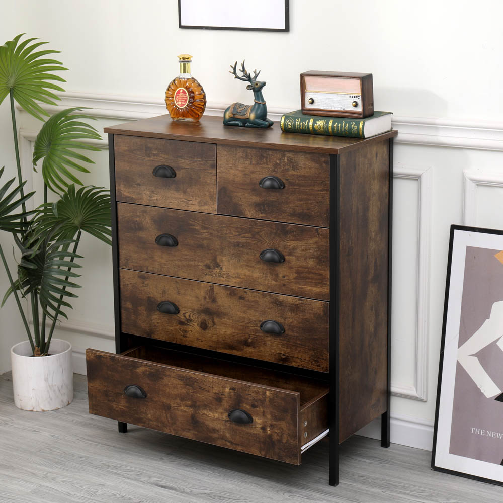 FurnitureHMD 5 Drawer Brown and Black Industrial Wooden Chest of Drawers Image 8