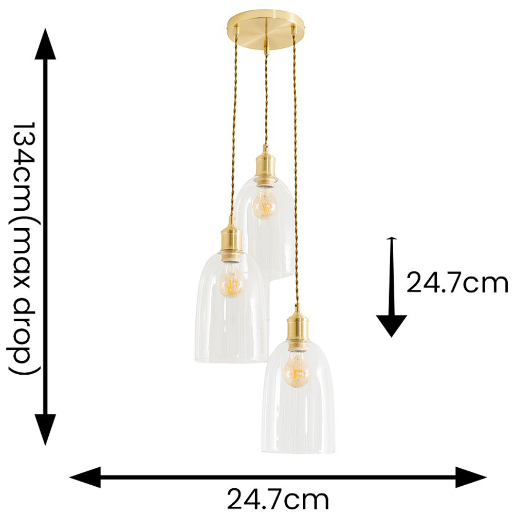 ValueLights Kira Glass Dome 3 Drop Cluster Brushed Gold LED Ceiling Pendant Light Image 7