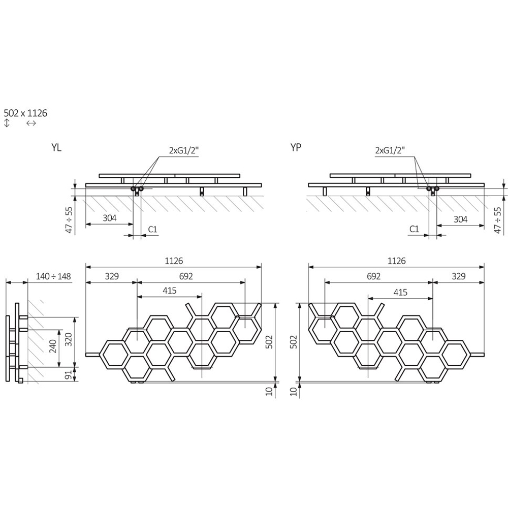 Terma Hex 1081 BTU Matt Black Radiator 502 x 1126mm Image 9