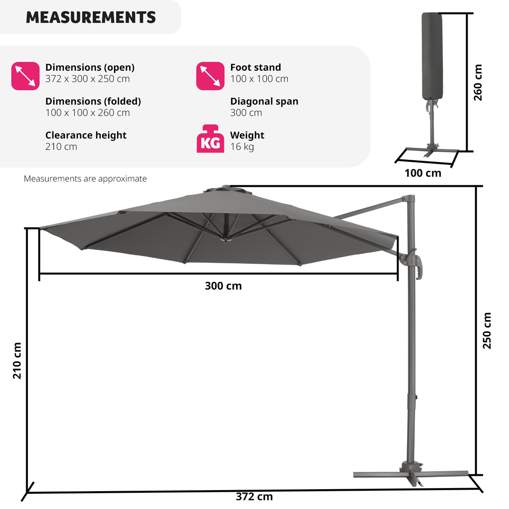 tectake Daria Grey Cantilever Garden Parasol with Foot Pedal 3m Image 9