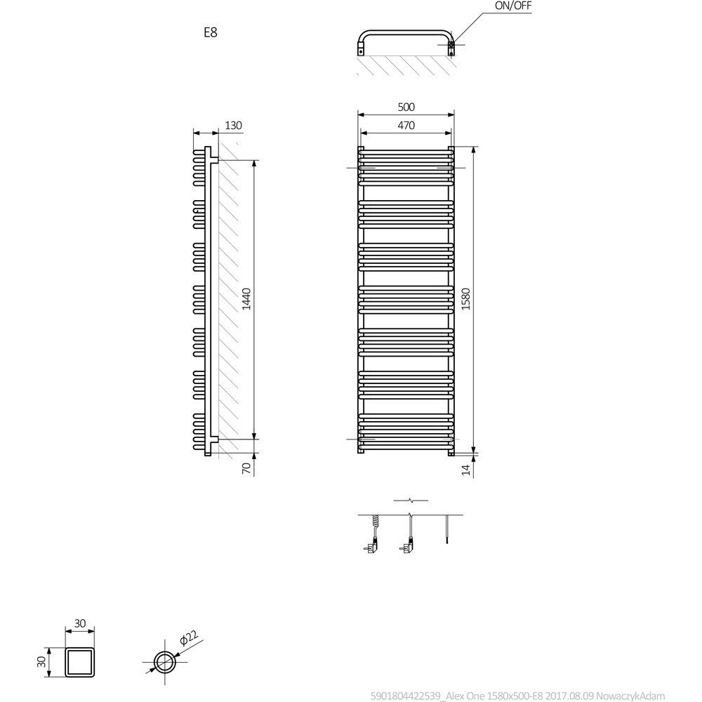 Terma Alex One 2728BTU Modern Grey Electric Towel Rail 1580 x 500mm Image 9