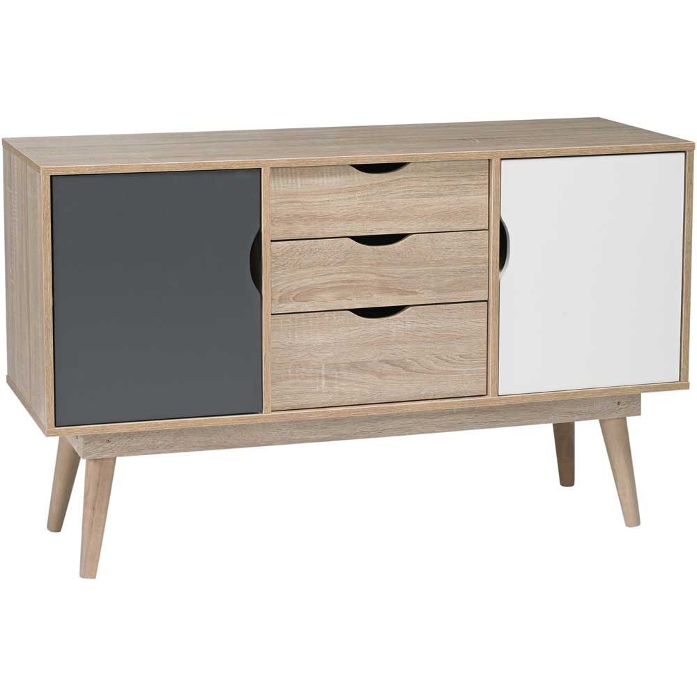 Scandi 2 Door 3 Drawer Grey Black White and Oak Effect Large Sideboard Image 2