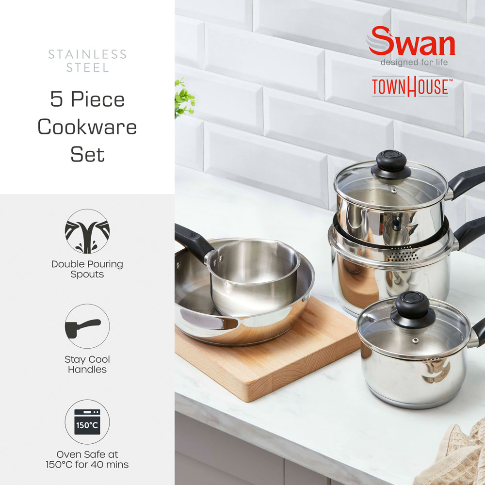 Swan Townhouse 5 Piece Stainless Steel Cookware Set Image 2