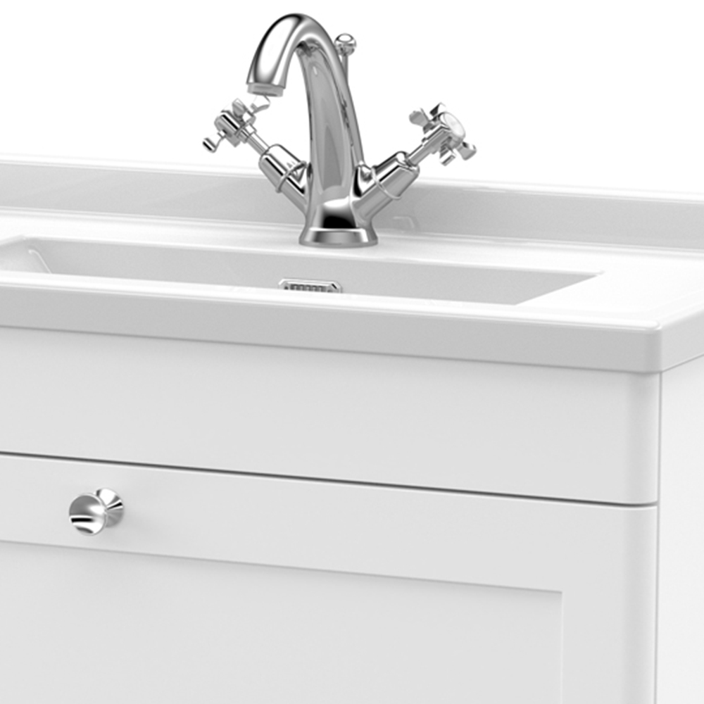 nuie Classique Single Drawer Satin White Wall Hung Unit and 1 Tap Hole Fireclay Basin 800mm Image 2