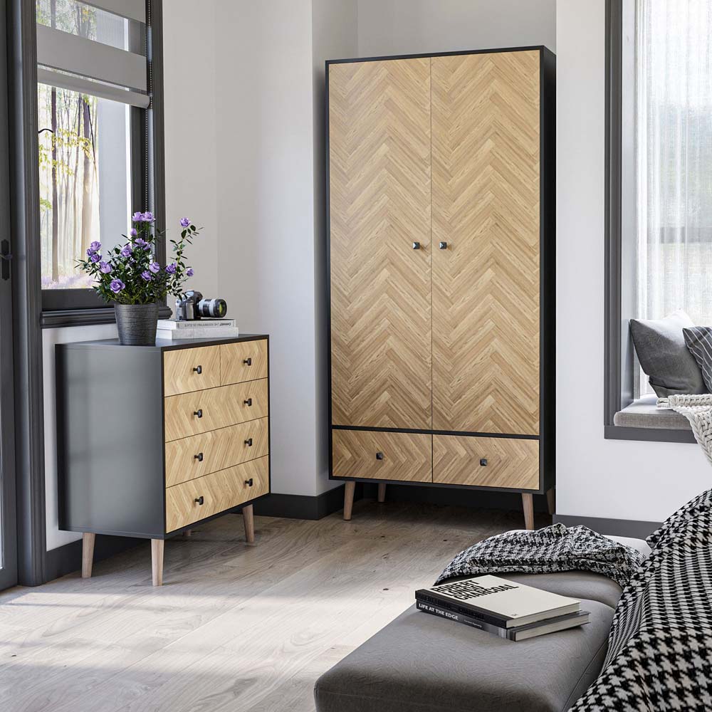 Portland 2 Door 2 Drawer Natural Wood and Black Wardrobe Image 8