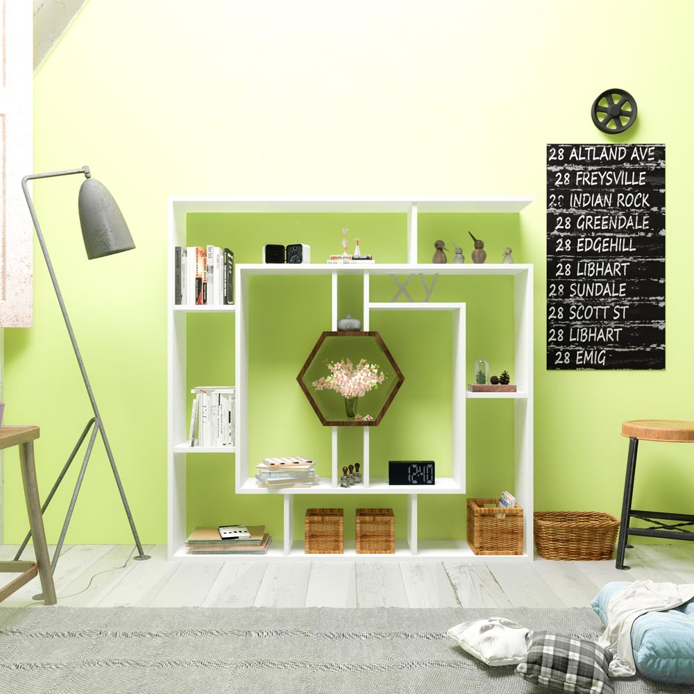 Decorotika Labrina 12 Shelf White and Walnut Hexagonal Geometric Bookcase Image 3