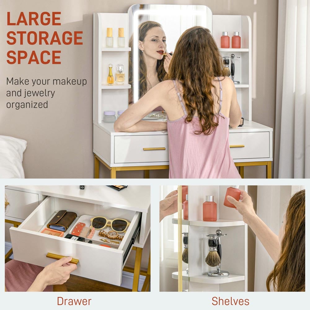 Portland 2 Drawer 4 Shelf White Makeup Vanity Desk Set with Lighting Mirror Image 5