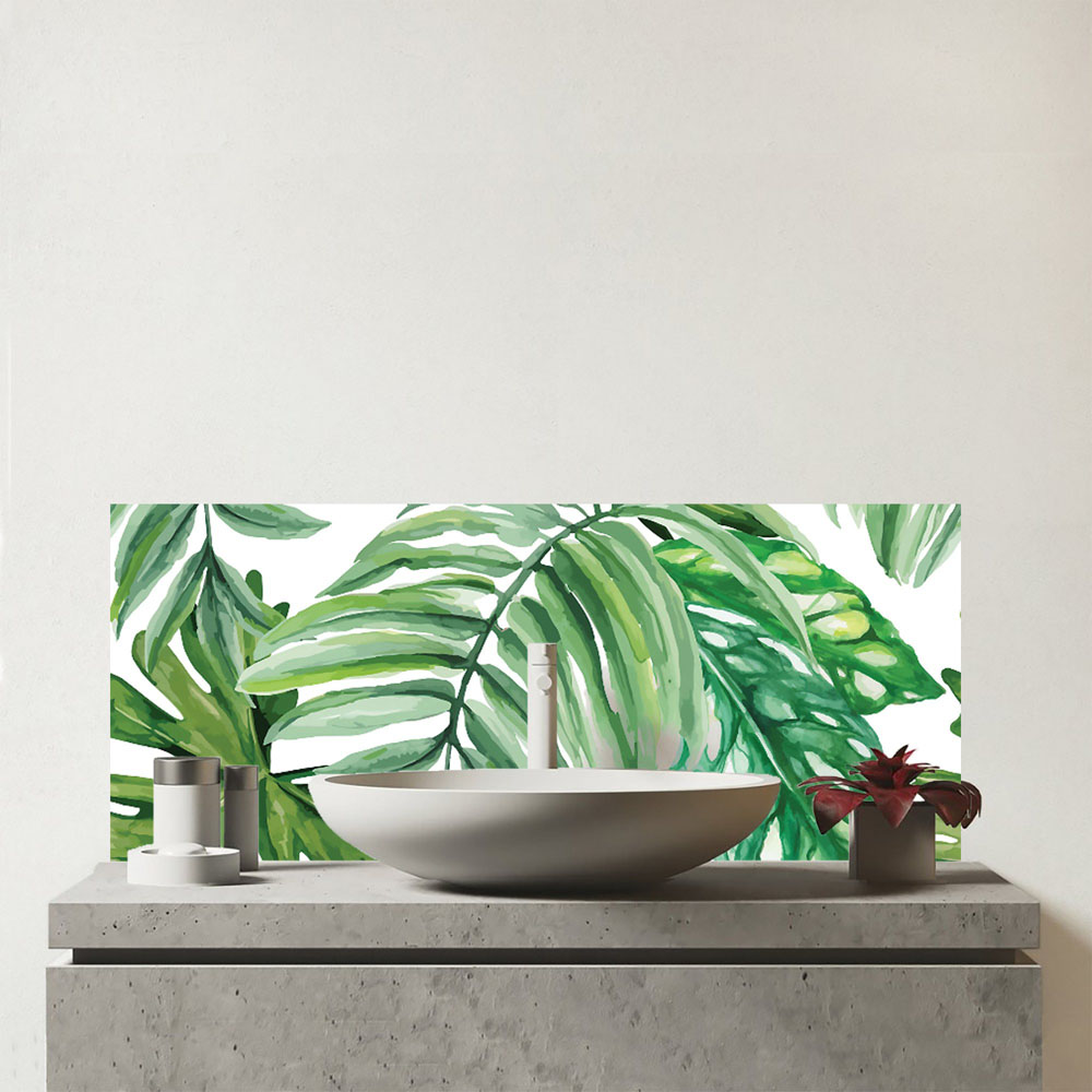 Warren Reed Designer Exotic Rainforest Leaves Glass Bathroom Splashback 25 x 60cm Image 1