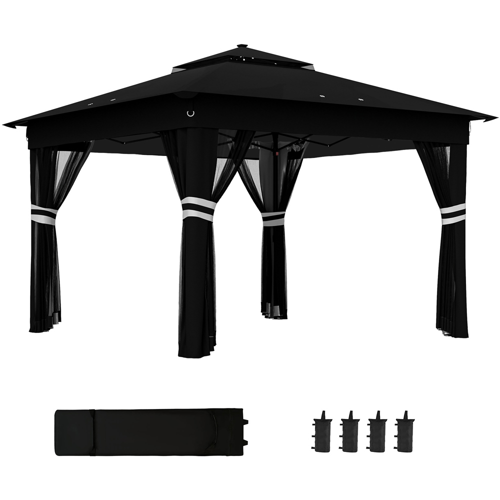Outsunny 3 x 3m Black Solar LED Pop Up Gazebo with Netting and Wheeled Carry Bag Image 2