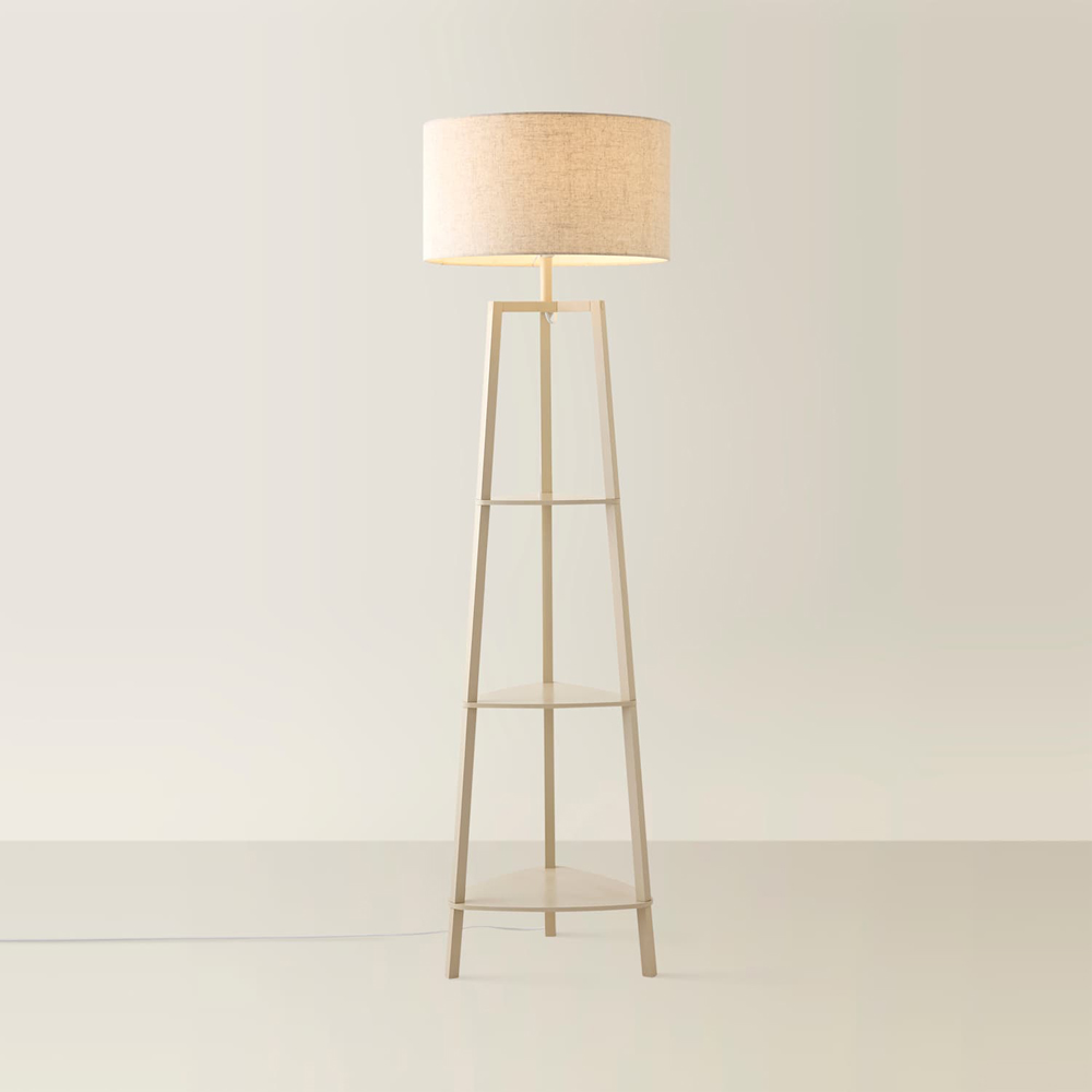 ValueLights Hiru 3 Shelf Linen Drum Shade Cream Wooden Floor Lamp with Bulb Image 3