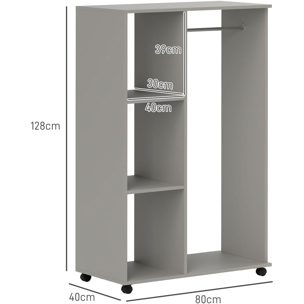 Portland 3 Shelf Grey Rolling Open Wardrobe with Hanging Rail Image 9