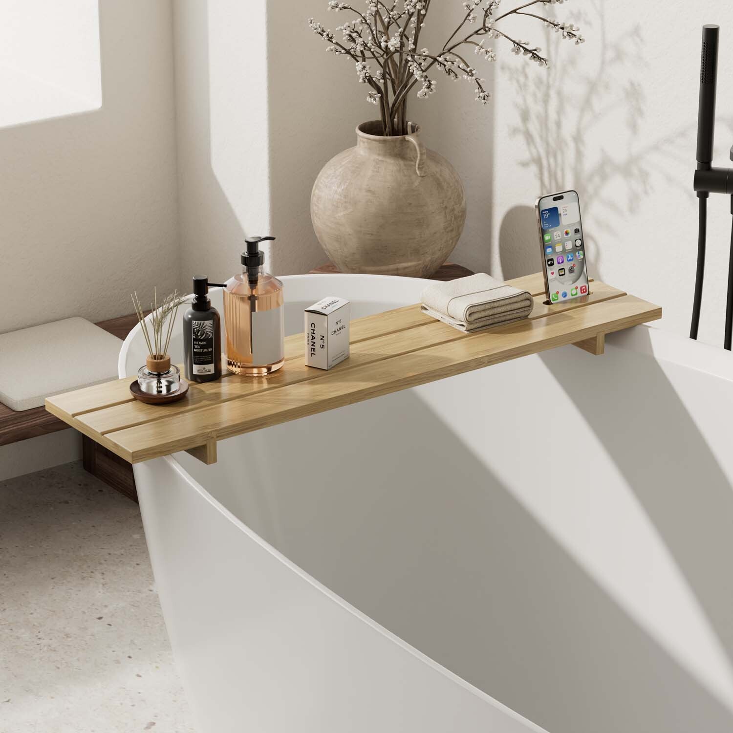 Bamboo Bath Bridge with Phone Slot Natural Image 2