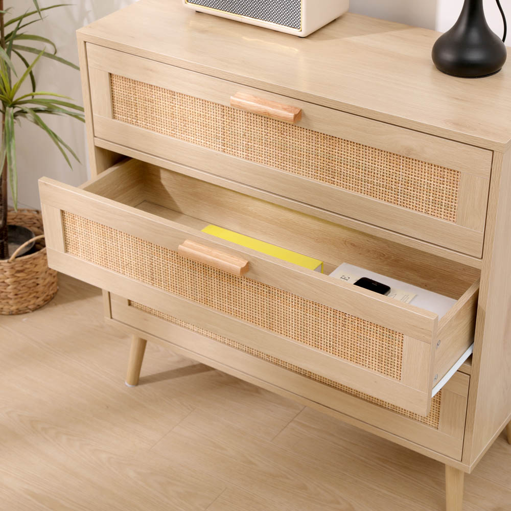 FurnitureHMD 3 Drawer Natural Rattan Woven Front Wooden Chest of Drawers Image 6