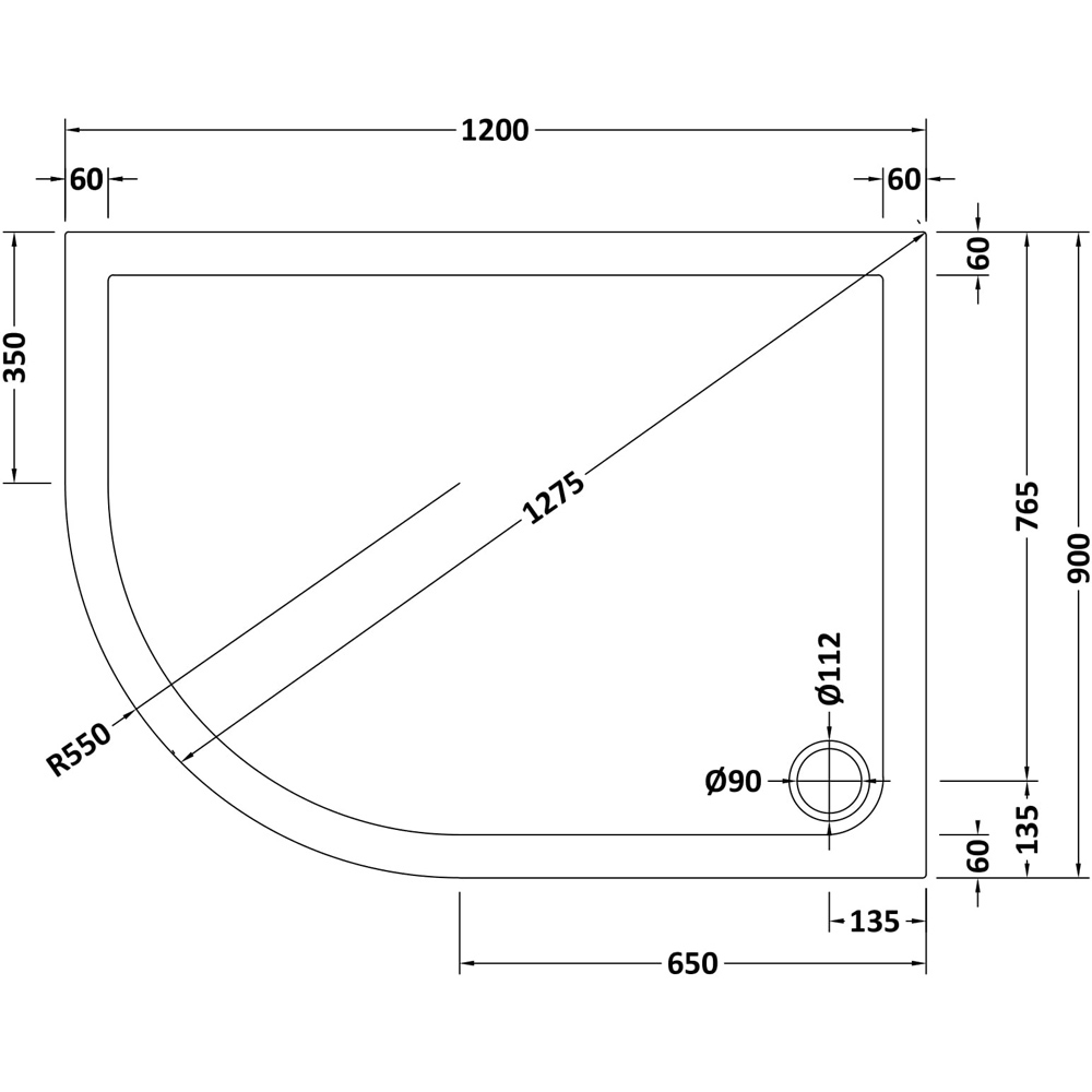 nuie Left Hand Offset Quadrant Shower Tray 900 x 1200mm Image 2