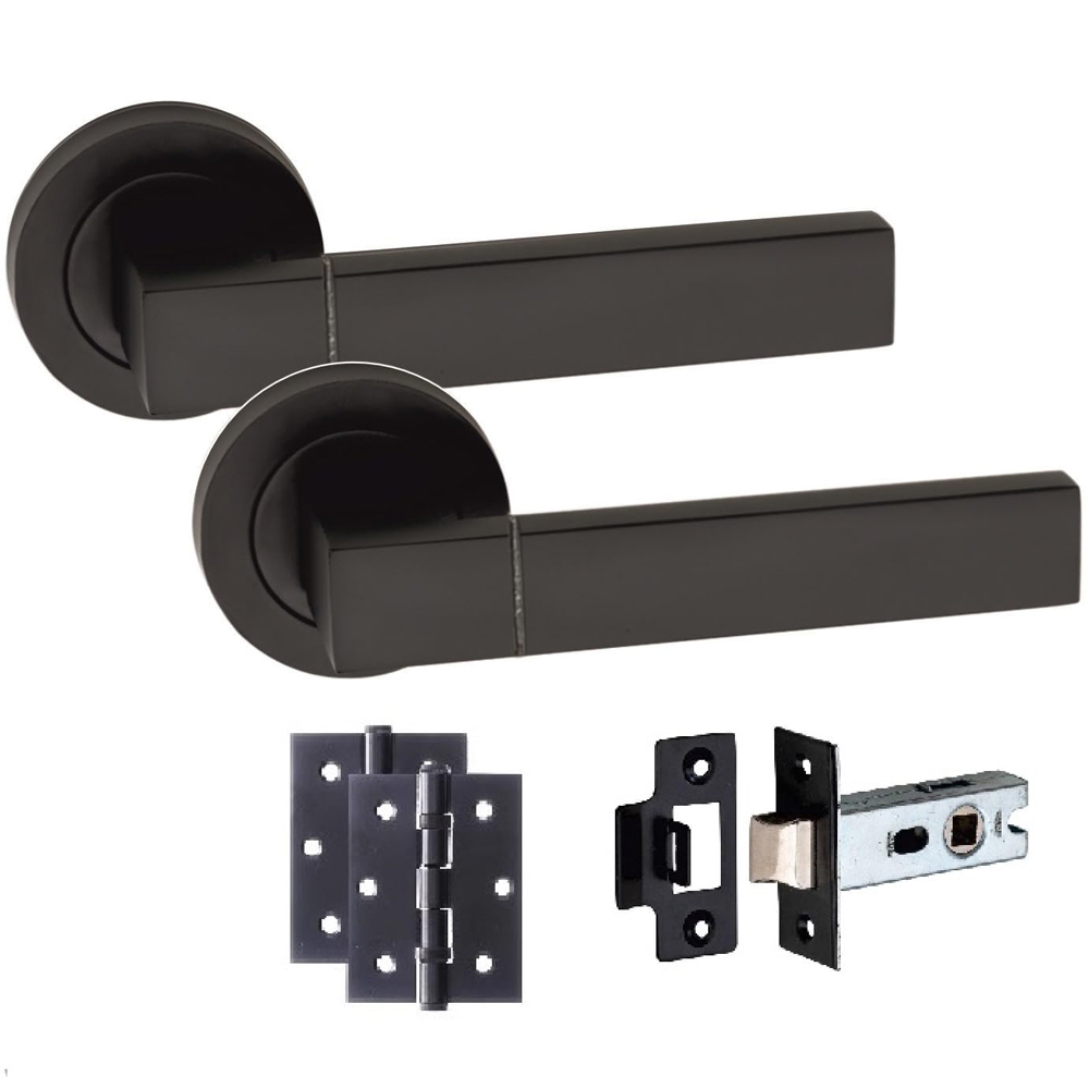 Golden Grace Capri Matt Black Door Handle Pair with Tubular Latch and Hinges 52mm 6 Pack Image 2
