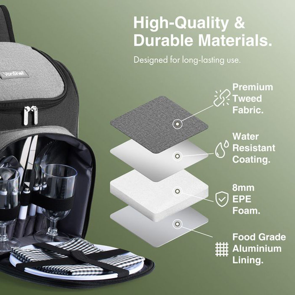 VonShef 2 Person Grey Picnic Hamper Backpack Image 5