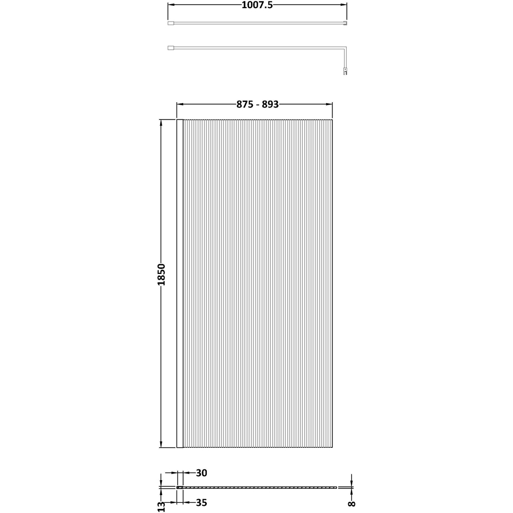 nuie Matt Black Fluted Wetroom Screen with Support Bar 1850 x 900mm Image 2