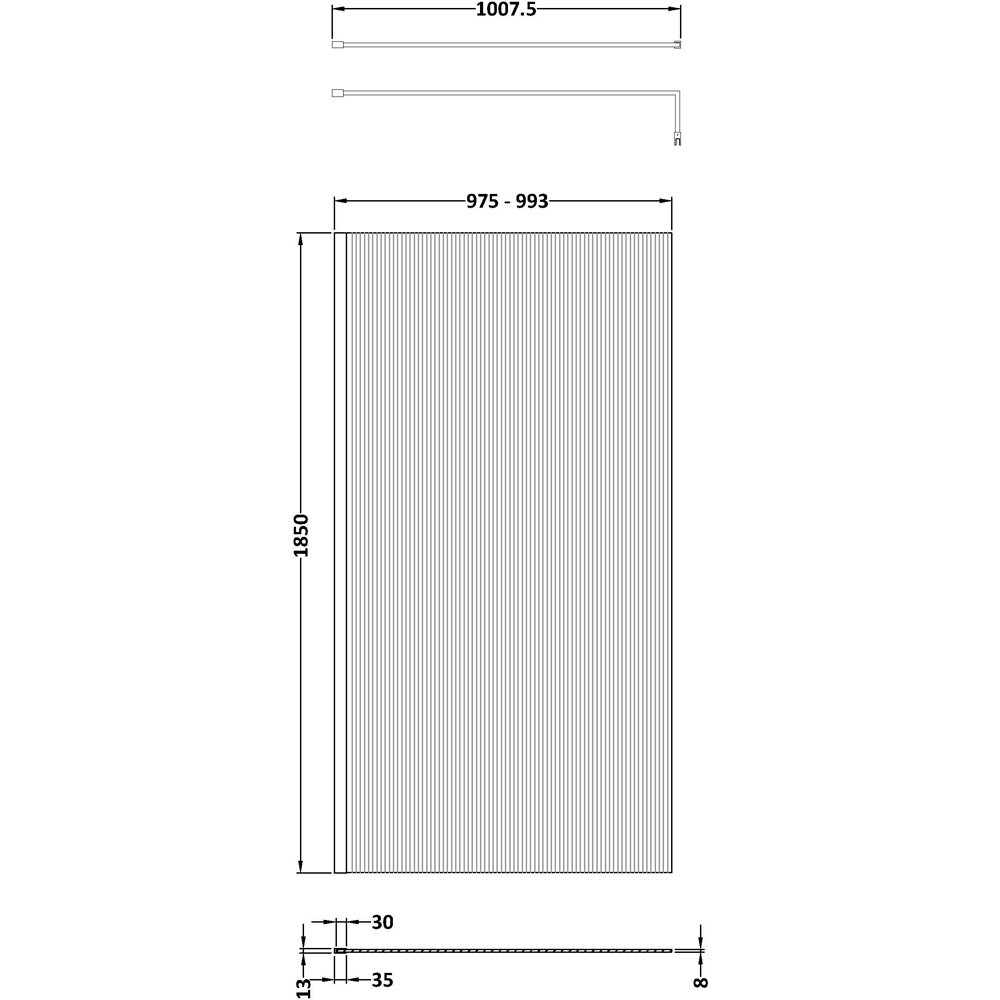 nuie Matt Black Fluted Wetroom Screen with Support Bar 1850 x 1000mm Image 3