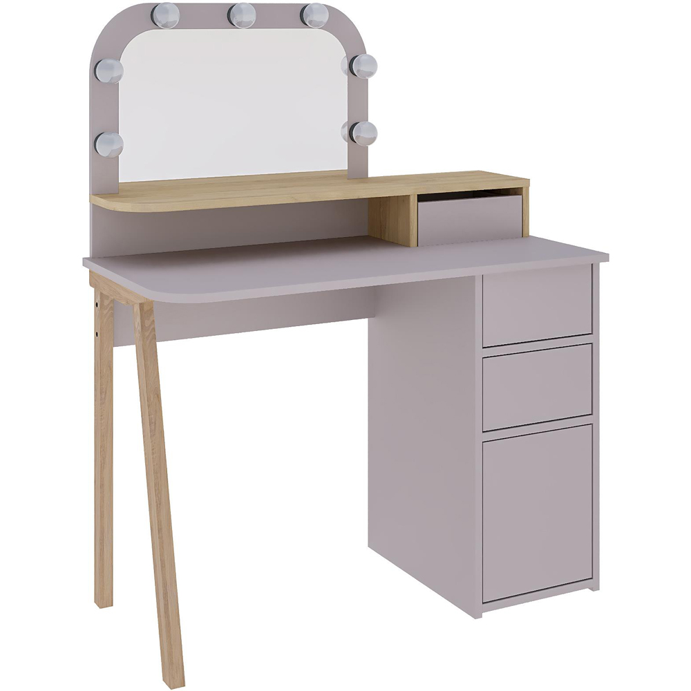 Decortie Avien 3 Drawer Single Door Mocha Grey and Oak Makeup Vanity Table with LED Mirror Image 2