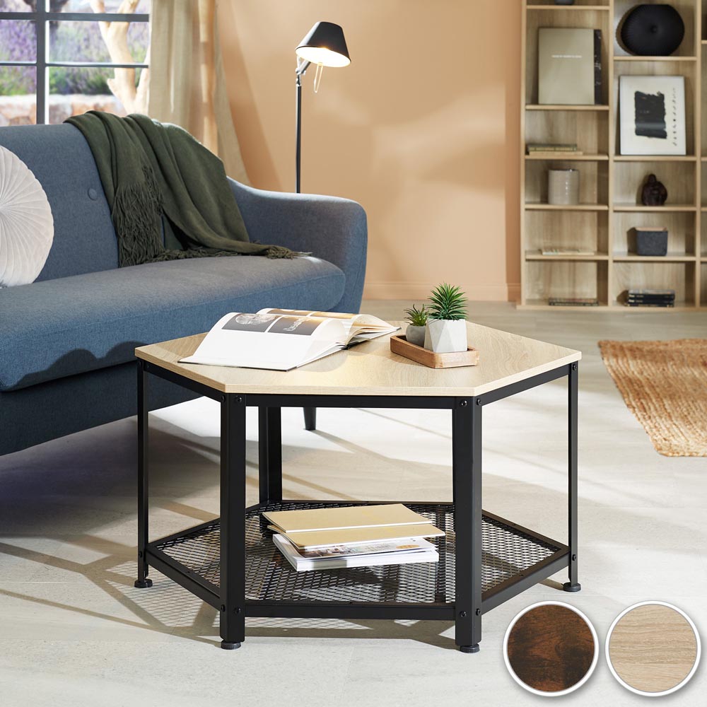 tectake Norwich Single Grid Shelf Light Wood Hexagonal Coffee Table Image 5