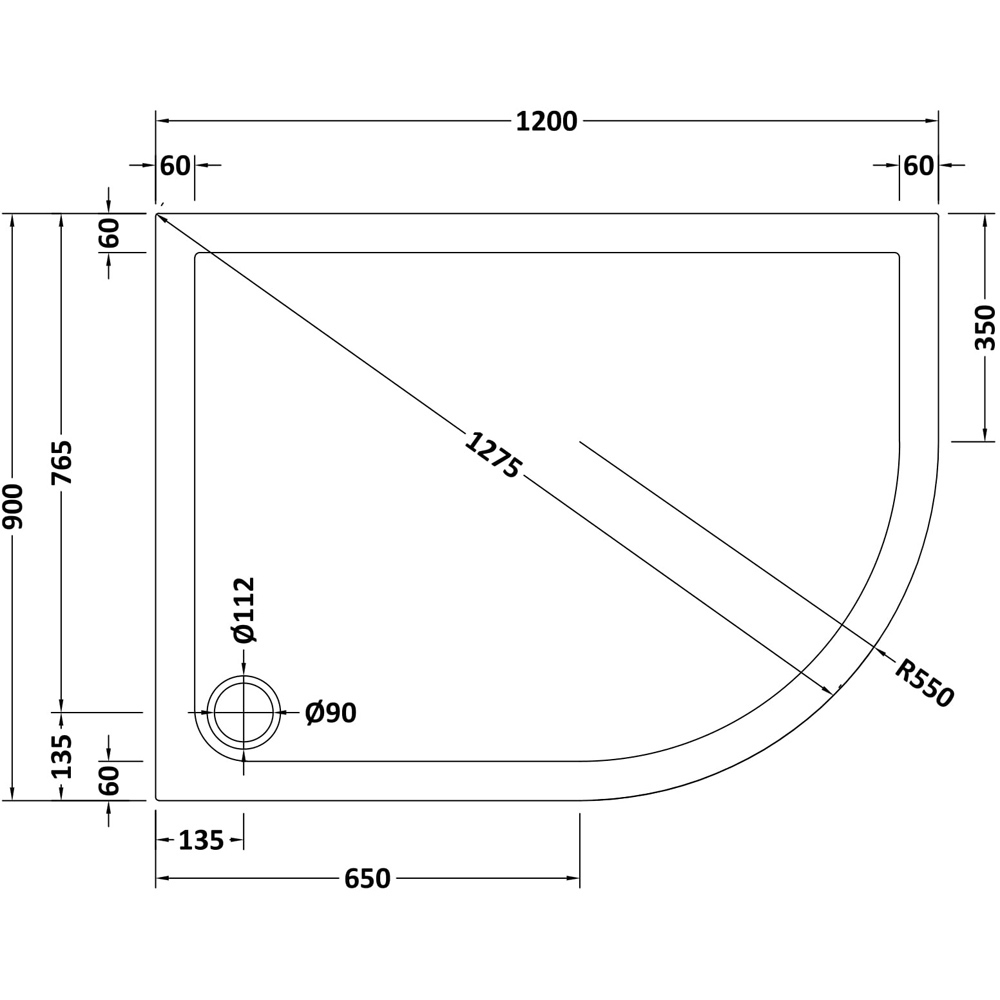 nuie Right Hand Offset Quadrant Shower Tray 900 x 1200mm Image 2