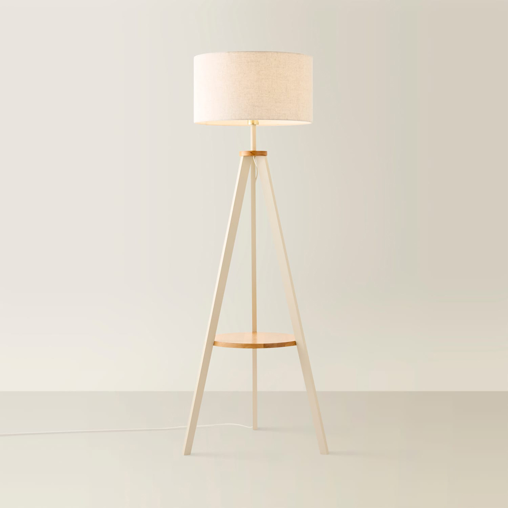 ValueLights Morrigan Cream Tripod Floor Lamp with Linen Fabric Drum Shade and Bulb Image 3