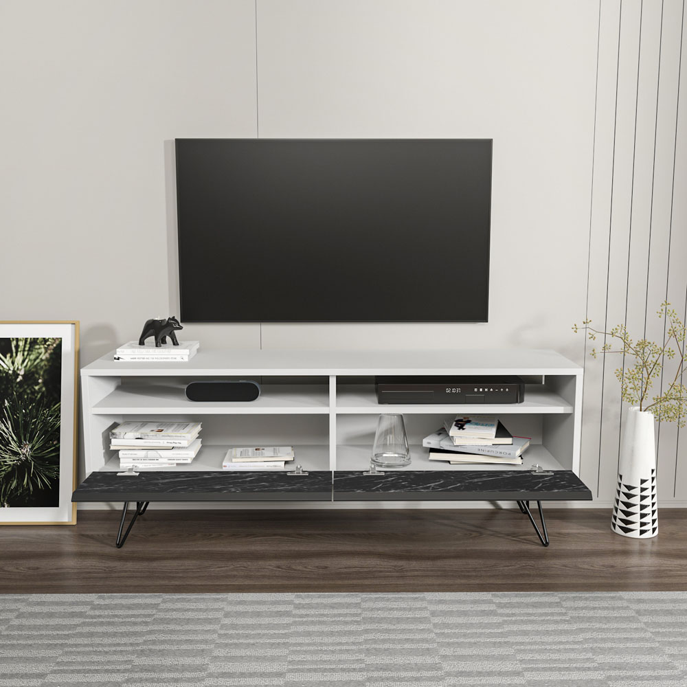Decorotika Flay 2 Door 2 Shelf Black Marble Effect and White TV Unit Image 4